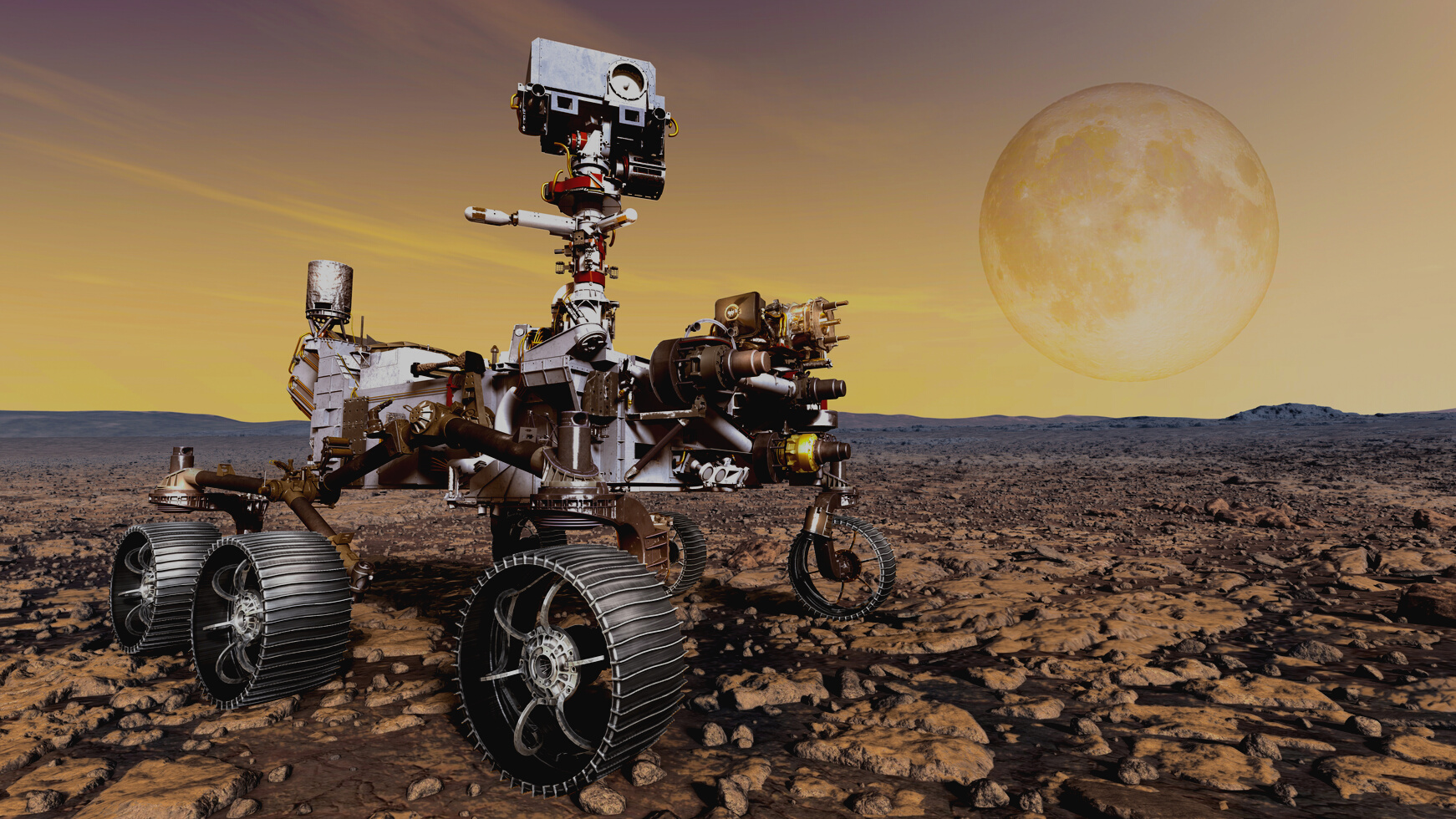 Mars Rover Explores the Surface of Mars against the Background O